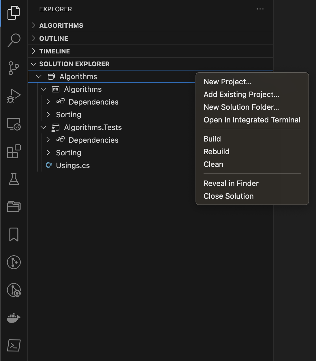 Solution Explorer context menu with options to add new project